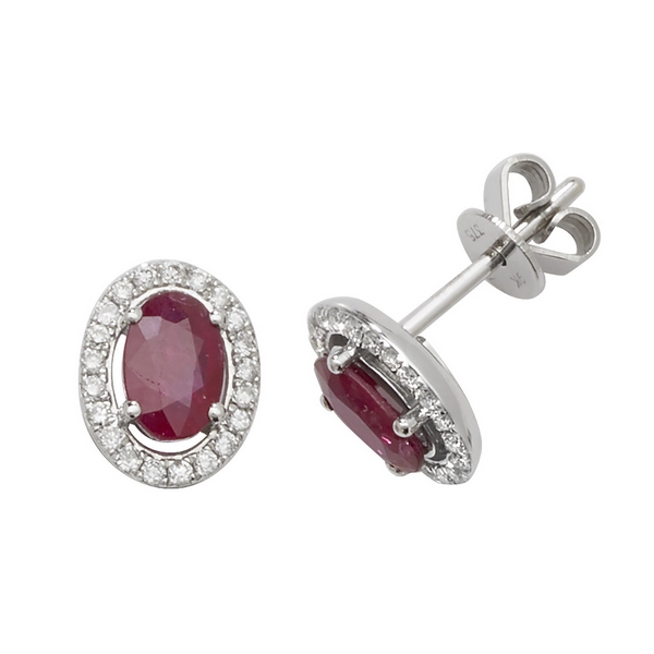 Oval Shaped Ruby and Diamond Halo Style Stud Earrings in 9ct White Gold ...