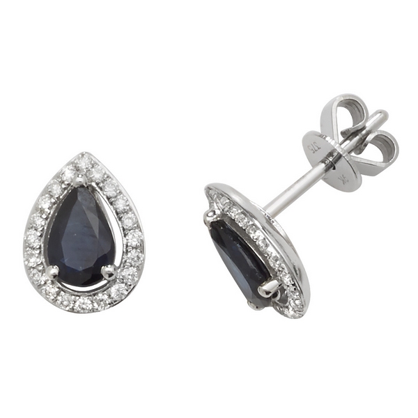 Pear Shaped Sapphire and Diamond Halo Style Stud Earrings in 9ct White ...