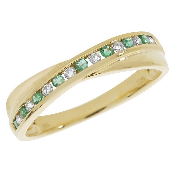 Diamond and Emerald Set Cross Over Style Ring in 9ct Yellow Gold ...