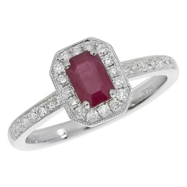 Diamond and Octagon Cut Ruby Cluster Ring with Diamond Shoulders in 9ct ...