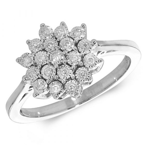 Illusion Set Multi Stone Diamond Cluster Ring in 9ct White Gold (0.10ct)