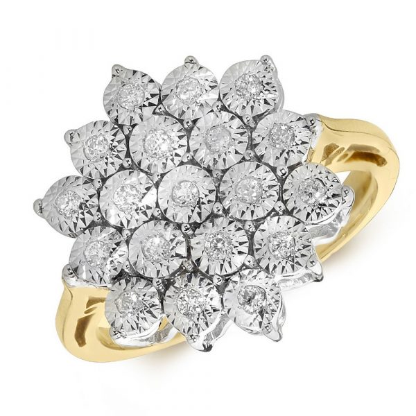 Illusion Set Multi Stone Diamond Cluster Ring in 9ct Yellow Gold (0.20ct)