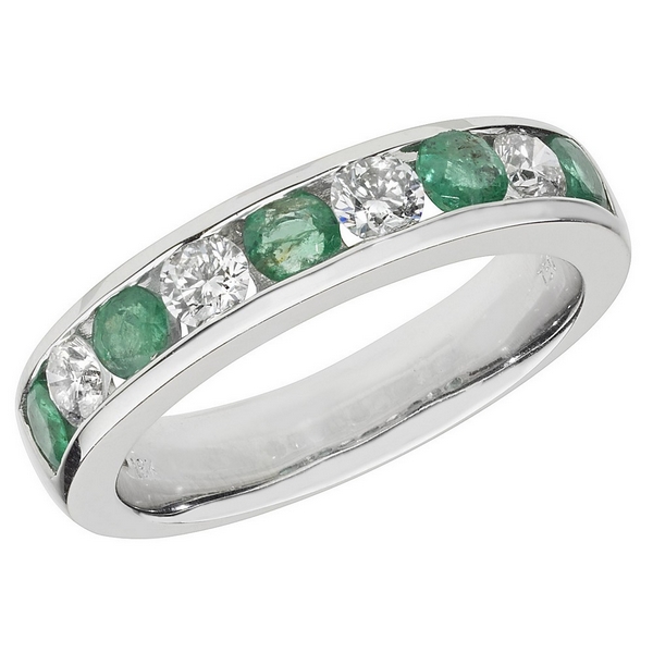 Half Eternity Style Round Cut Emerald and Round Diamond 18ct White Gold ...