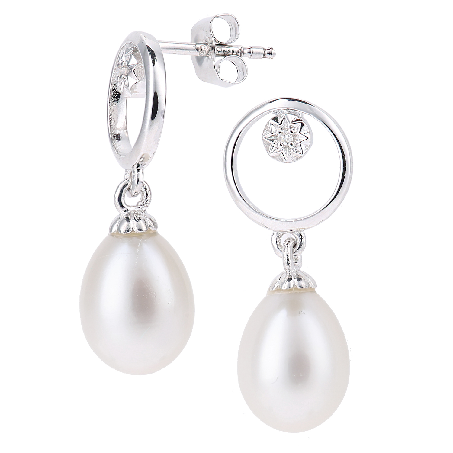 Pearl and Diamond Circle Dropper Earrings 9ct Gold | Hockley Jewellers